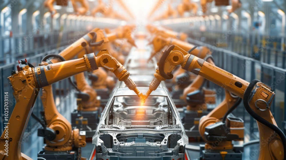 Industrial Robots Welding a Car Body on an Assembly Line Industrial Robots Welding a Car Body on an Assembly Line