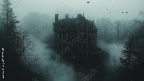 A creepy old house with a foggy atmosphere. The house is surrounded by trees and there are birds flying in the sky