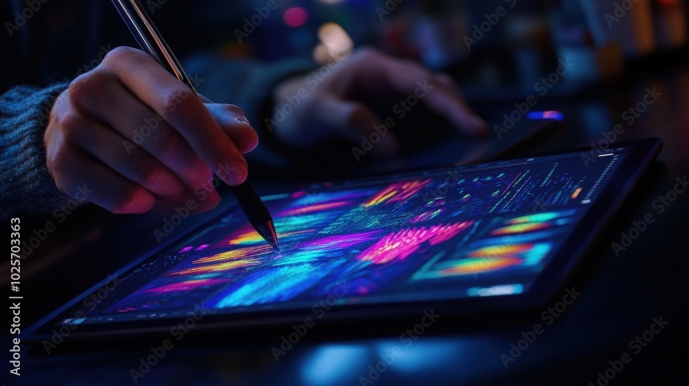 A graphic designer working on a digital tablet, designing a website layout with vibrant colors and engaging visuals, showcasing modern digital design A graphic designer working on a digital tablet, designing a website layout with vibrant colors and engaging visuals, showcasing modern digital design