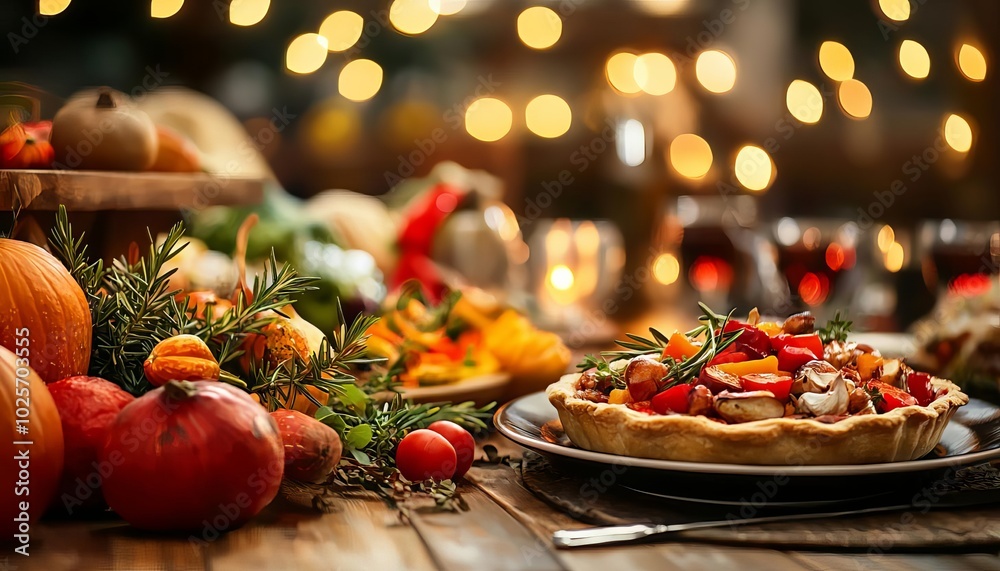Delicious festive table with seasonal dishes and colorful decorations. Delicious festive table with seasonal dishes and colorful decorations.
