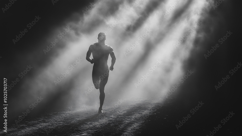 Fototapeta premium A man is running in the rain with his arms outstretched. The image has a moody and somber feel to it, as the rain and darkness create a sense of isolation and loneliness
