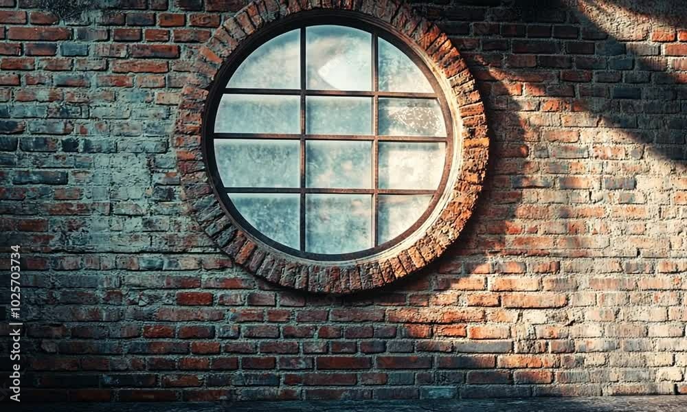 A circular window set in a brick wall, allowing light and a view of the sky. A circular window set in a brick wall, allowing light and a view of the sky.