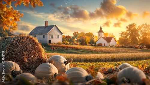 Golden hour over a pumpkin field, with a farmhouse and church amidst autumn colors. photo