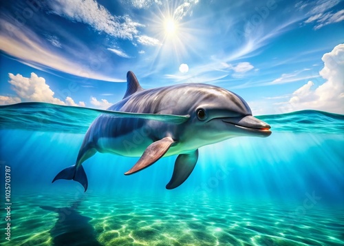 Majestic Dolphin Swimming in Clear Blue Ocean Water, Capturing the Beauty of Marine Life and Nature's Wonders