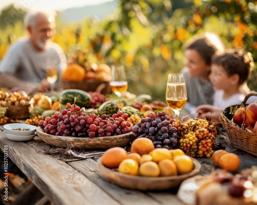 Harvest table with assorted fruits and drinks in a vineyard setting. photo