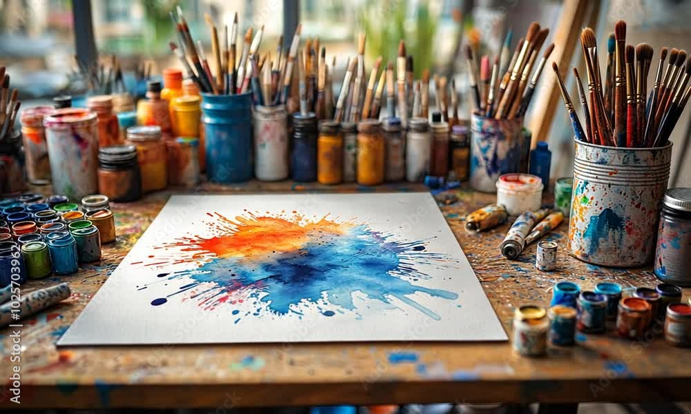A vibrant artist's studio with paint splatters and brushes, showcasing creativity and color. A vibrant artist's studio with paint splatters and brushes, showcasing creativity and color.