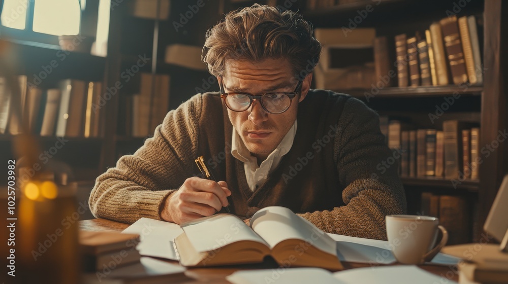 An author deeply engrossed in writing a book at a desk, with notebooks and coffee cups scattered around, capturing the essence of creativity and storytelling An author deeply engrossed in writing a book at a desk, with notebooks and coffee cups scattered around, capturing the essence of creativity and storytelling