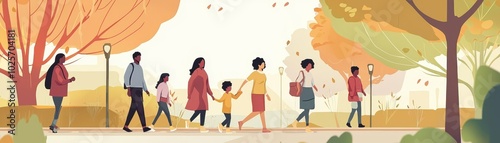 People walking through a park in autumn, enjoying the colorful fall foliage and nature's beauty under a clear sky.