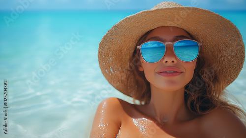 A woman wearing a straw hat and sunglasses is smiling at the camera. She is sitting in the water, enjoying the sun and the ocean