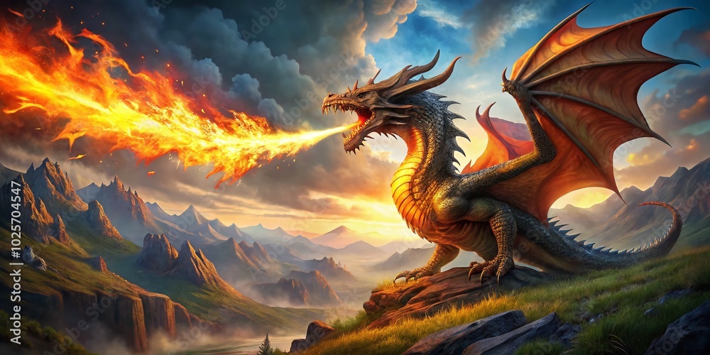 Obraz premium Majestic Dragon Breathing Fire in a Fiery Landscape, Captivating Fantasy Scene for Art and Imagination Lovers