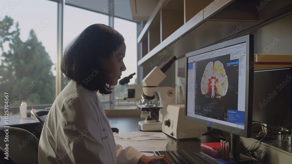 Scientist in lab coat analyzing brain scan on computer screen, surrounded by research papers and microscope, emphasizing focus on autism research and medical advancements. Scientist in lab coat analyzing brain scan on computer screen, surrounded by research papers and microscope, emphasizing focus on autism research and medical advancements.