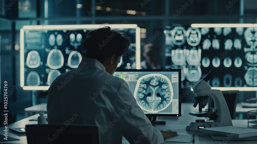 Scientist in lab coat analyzing brain scan on computer screen, surrounded by research papers and microscope, emphasizing focus on autism research and medical advancements. Scientist in lab coat analyzing brain scan on computer screen, surrounded by research papers and microscope, emphasizing focus on autism research and medical advancements.