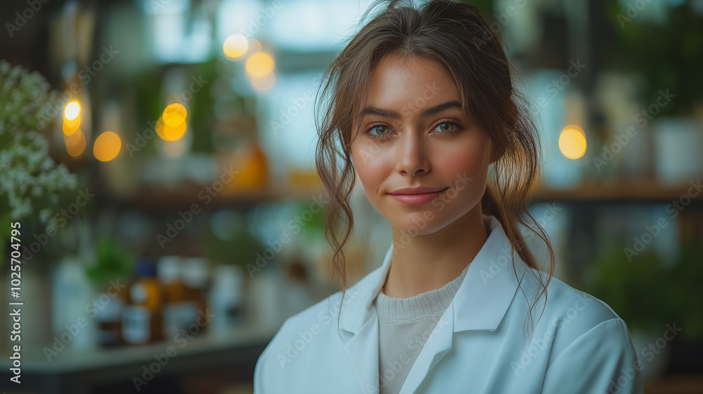 A woman with long hair and a white lab coat is smiling for the camera. She is wearing a white shirt and a white jacket A woman with long hair and a white lab coat is smiling for the camera. She is wearing a white shirt and a white jacket