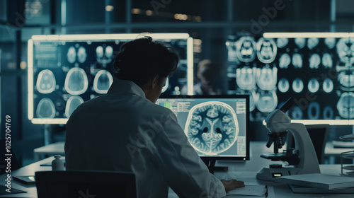 Scientist in lab coat analyzing brain scan on computer screen, surrounded by research papers and microscope, emphasizing focus on autism research and medical advancements.