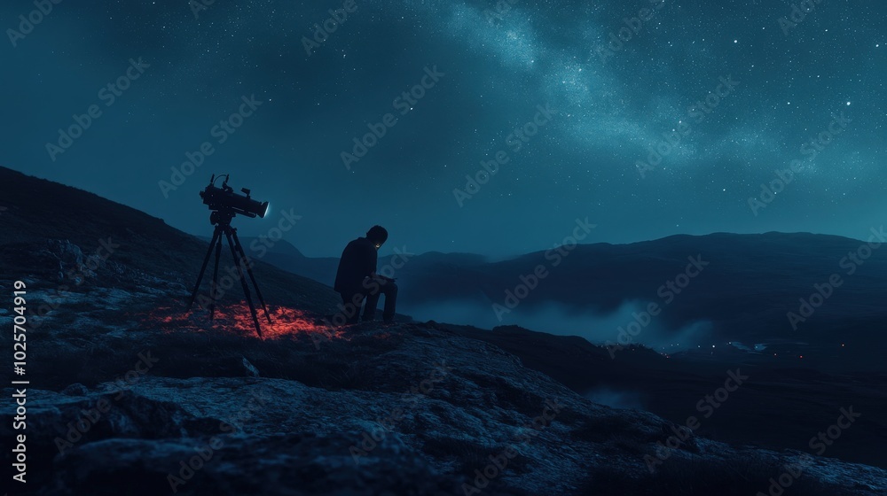 Obraz premium A lone astronomer setting up a telescope on a hillside at night, with a stunning view of the Milky Way and glowing stars reflecting their wonder