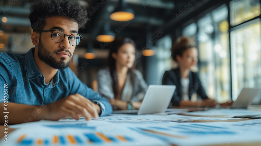 Obraz premium A man with glasses is looking at a table with several laptops and papers. The scene suggests a work environment where people are working on projects or tasks. The man's focused expression