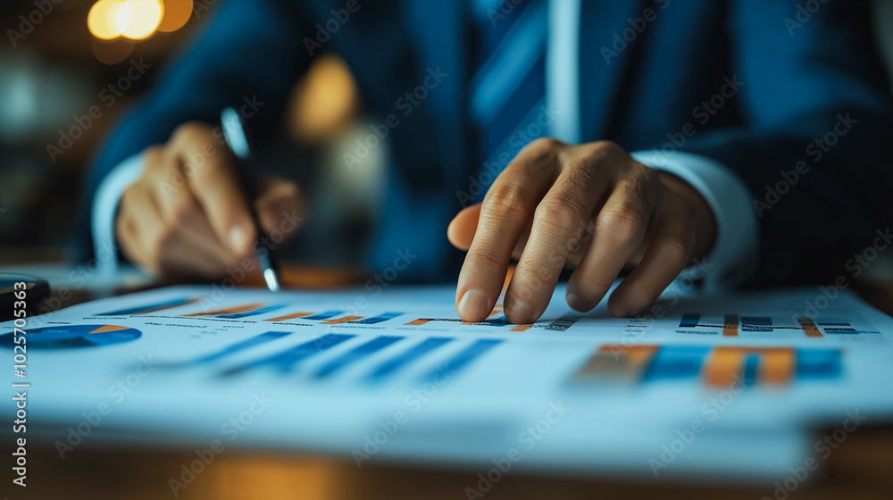 A man is writing on a piece of paper with a pen. He is wearing a suit and tie. Concept of professionalism and focus as the man works on his work A man is writing on a piece of paper with a pen. He is wearing a suit and tie. Concept of professionalism and focus as the man works on his work
