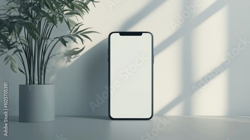 Modern smartphone with blank screen on minimalist white table next to green plant in pot, illuminated by natural light.