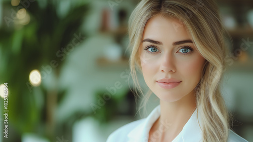 A woman with blonde hair and blue eyes is smiling for the camera. She is wearing a white shirt and has her hair in a ponytail