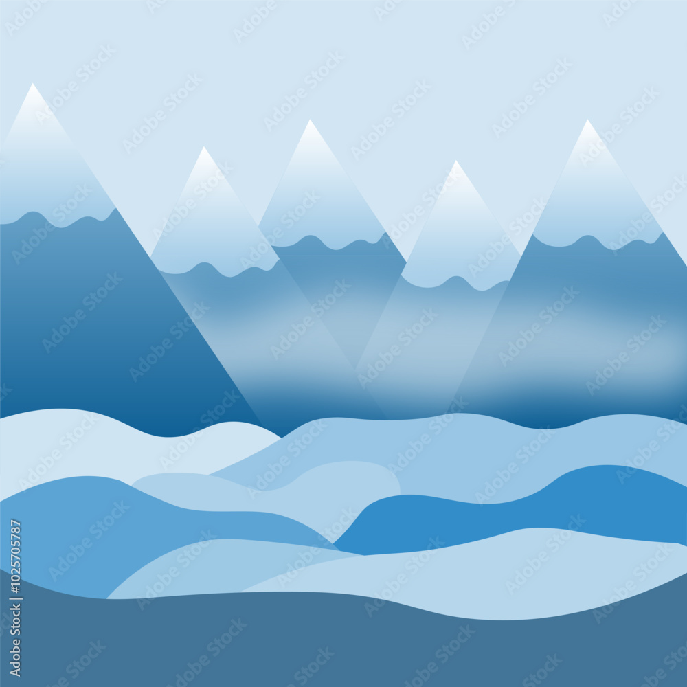 Peaceful abstract landscape with mountains and waves in various shades of blue during a calm morning Peaceful abstract landscape with mountains and waves in various shades of blue during a calm morning