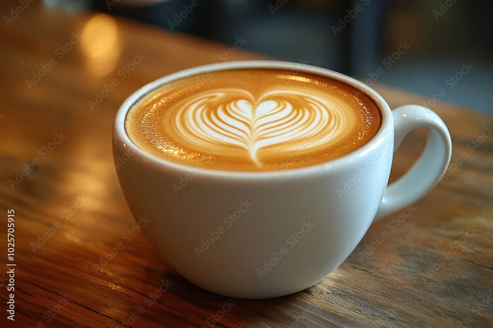 A beautifully crafted latte with intricate latte art in a white cup on a wooden table, offering a warm and inviting ambiance. A beautifully crafted latte with intricate latte art in a white cup on a wooden table, offering a warm and inviting ambiance.