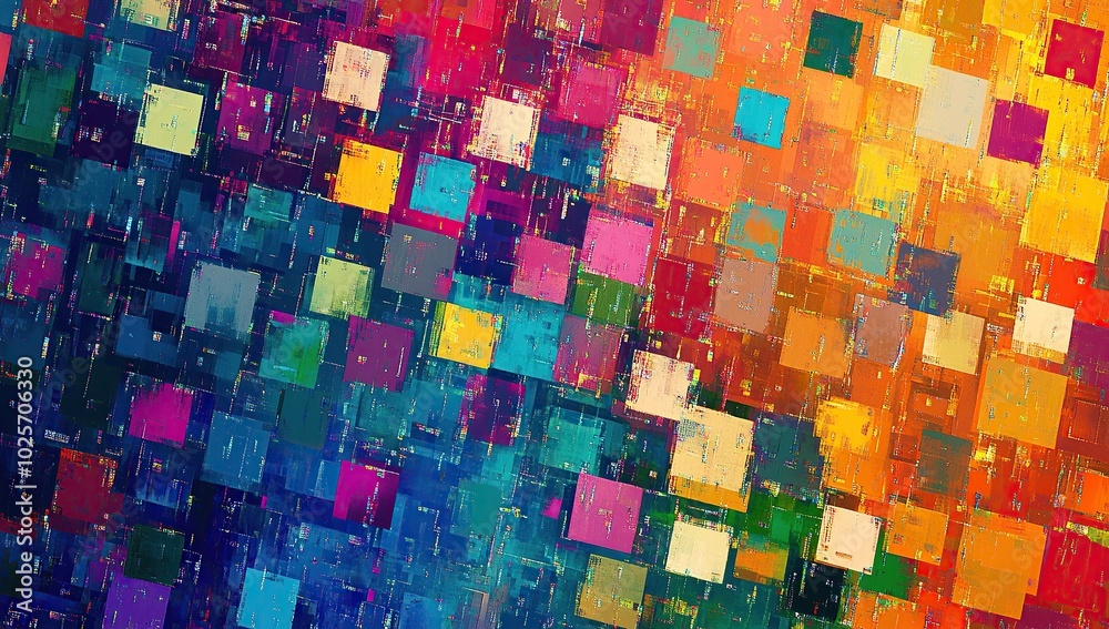 Digital art of colorful pixelated squares arranged in an abstract pattern Digital art of colorful pixelated squares arranged in an abstract pattern
