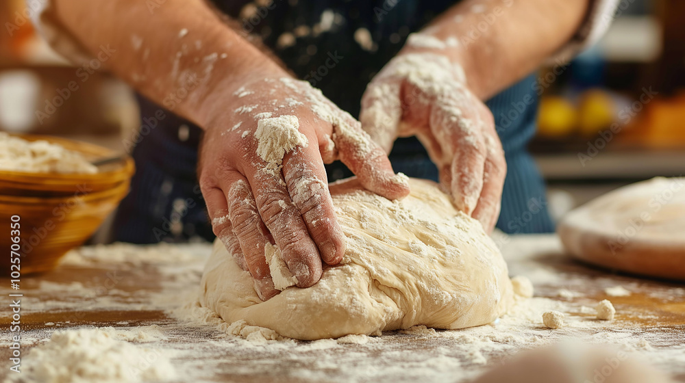 Baker kneading the dough while baking at the bakery Baker kneading the dough while baking at the bakery