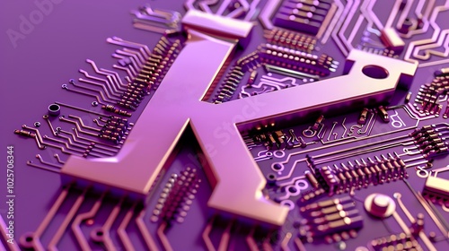 Close up of three dimensional circuit board alphabet letter k on purple background