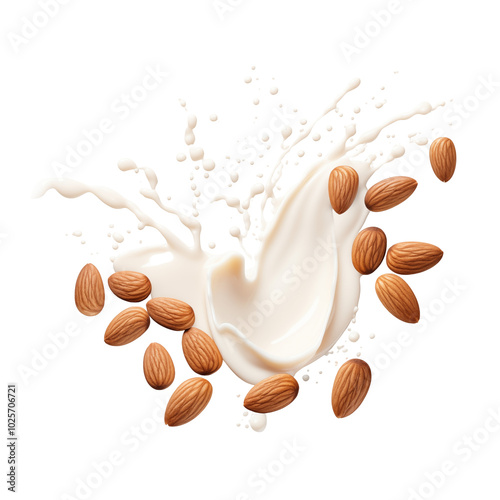 Almonds and almond milk create a refreshing splash on a clean white background in a bright setting