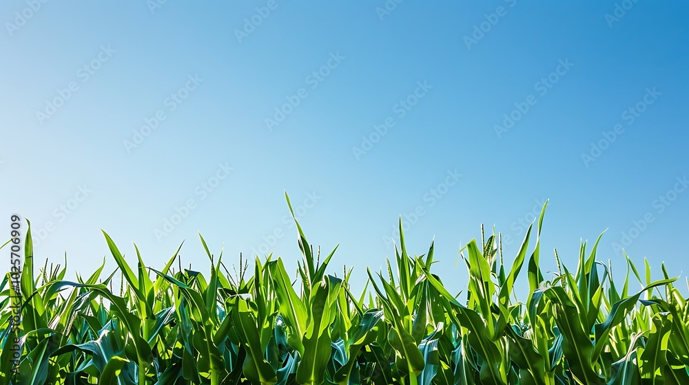 Fototapeta premium Closeup of a lush green cornfield with maizeplants against clear blue sky