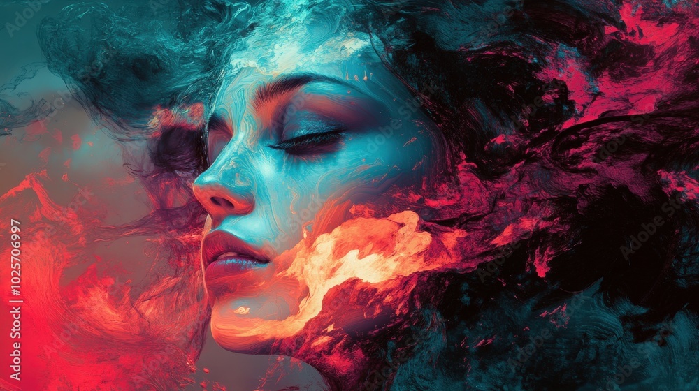 A glowing AI algorithm creating an abstract portrait that blends the subject’s emotions, thoughts, and subconscious mind into art 