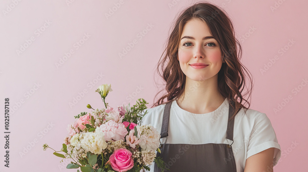 A charming florist with a bouquet, against a soft pastel pink backdrop A charming florist with a bouquet, against a soft pastel pink backdrop