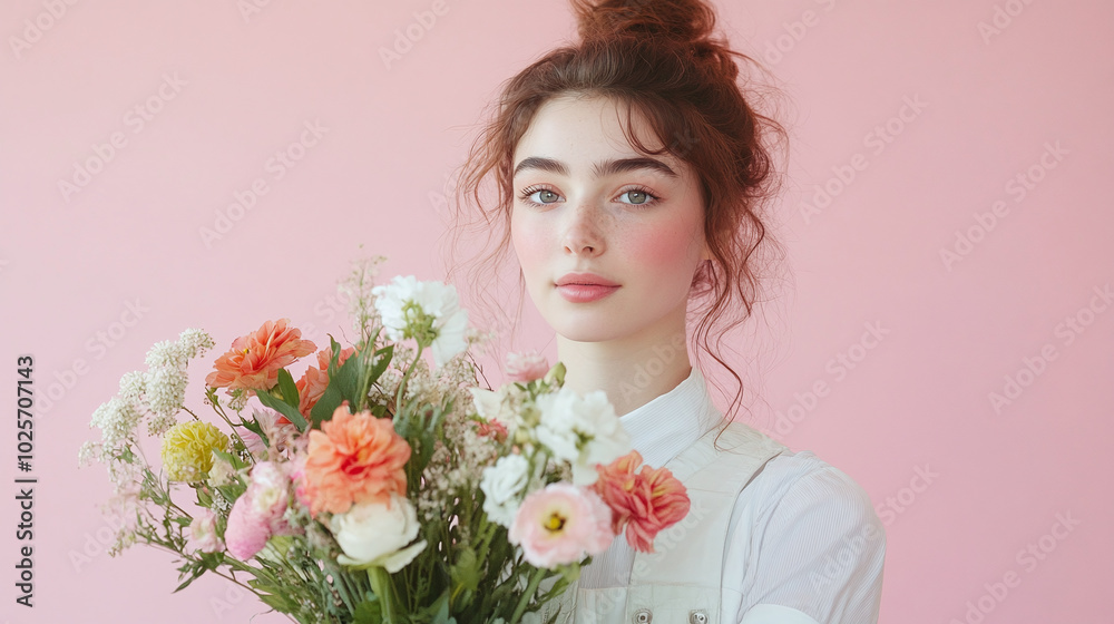 A charming florist with a bouquet, against a soft pastel pink backdrop A charming florist with a bouquet, against a soft pastel pink backdrop