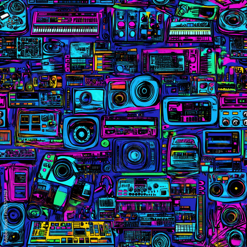 Seamless retro music background pattern with icons of audio equipment notes headphones, Turntable, mixer and cassette players