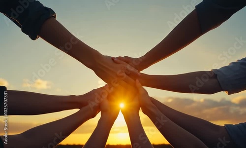 Hands stacked together against a sunset, symbolizing unity and teamwork.