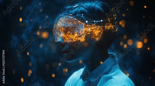 A researcher wearing a glowing neural headset that connects them directly to a quantum computer, unlocking limitless cognitive potential photo