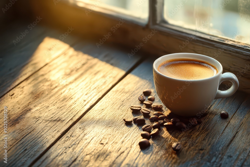 A cozy morning scene with a cup of coffee and scattered coffee beans on a rustic wooden table by a sunlit window. A cozy morning scene with a cup of coffee and scattered coffee beans on a rustic wooden table by a sunlit window.