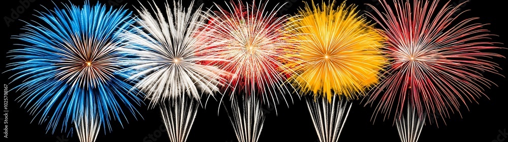 Naklejka premium Giant fireworks in sky colorful fireworks display in the night sky light blue white red and yellow fireworks