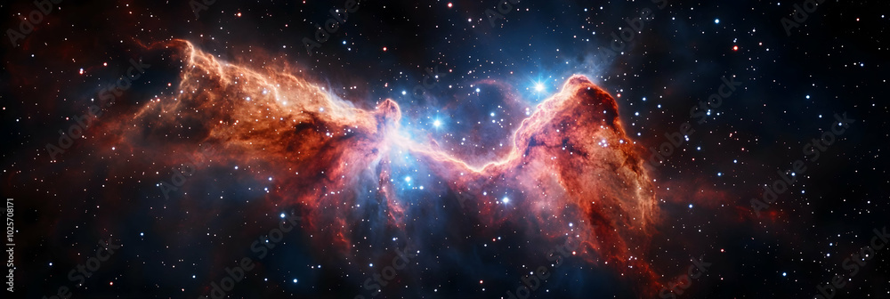 Obraz premium A nebula with a bright blue star at the center surrounded by smaller red stars