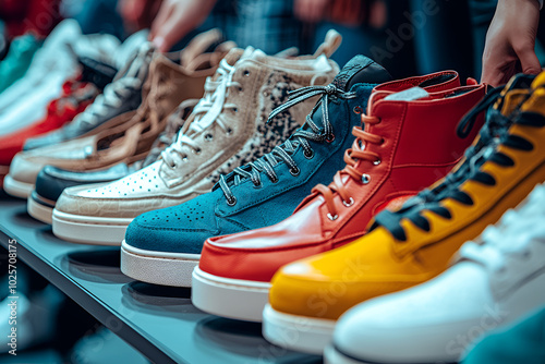 A stylish pair of shoes neatly arranged in a store setting, showcasing a mix of sneakers and boots in various colors and styles photo