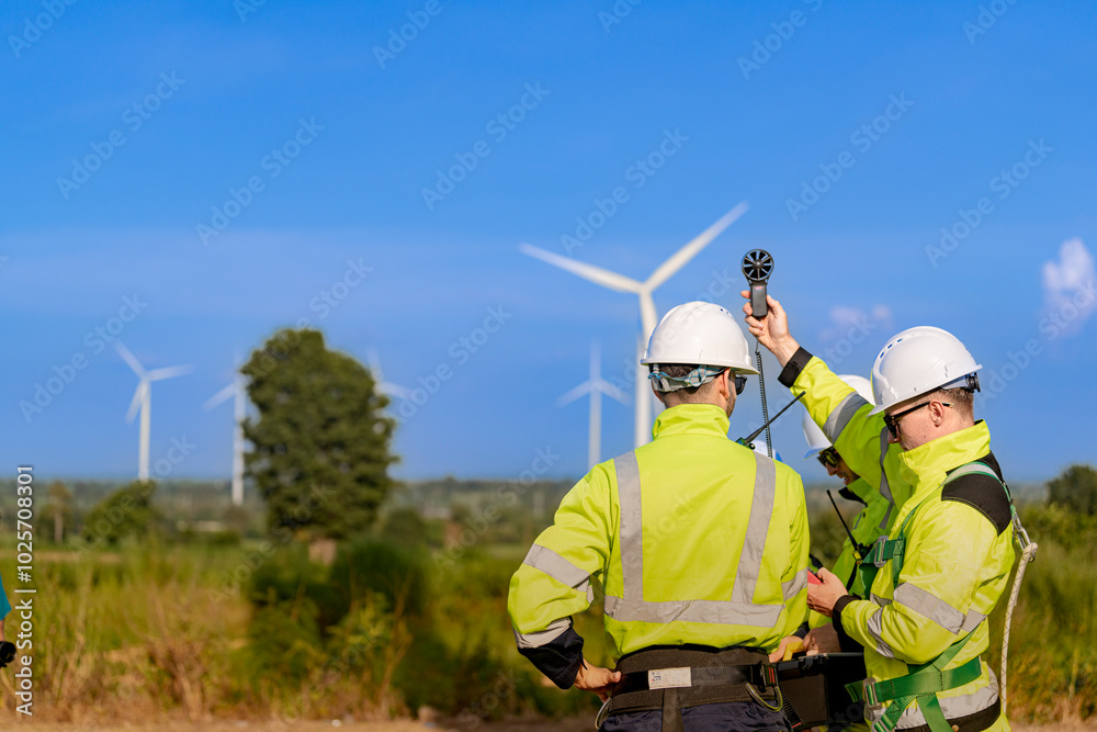 A team of engineers in high visibility safety gear stand together at a wind farm, conducting inspections and discussing renewable energy projects. Wind turbines surround them under a clear sky. A team of engineers in high visibility safety gear stand together at a wind farm, conducting inspections and discussing renewable energy projects. Wind turbines surround them under a clear sky.