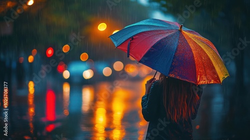 Wallpaper Mural A lone woman walks through a rainy city street, holding a colorful umbrella, with blurred lights in the background. Torontodigital.ca