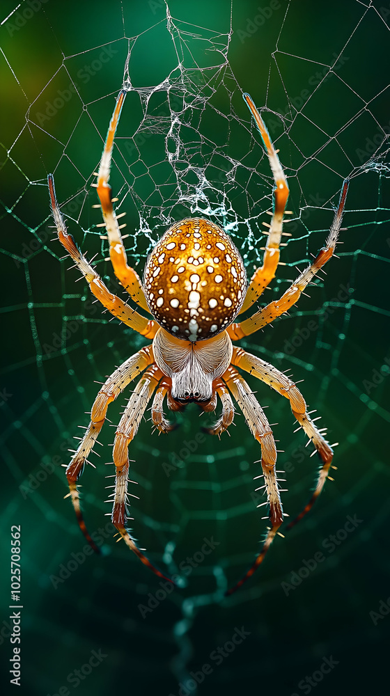 Spider with White and Yellow Markings Hangs Upside Down in Web, Awaiting Prey on a Dark Background Spider with White and Yellow Markings Hangs Upside Down in Web, Awaiting Prey on a Dark Background