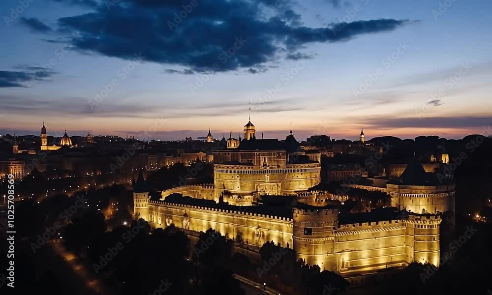 A stunning twilight view of a historic castle illuminated against a colorful sky. A stunning twilight view of a historic castle illuminated against a colorful sky.
