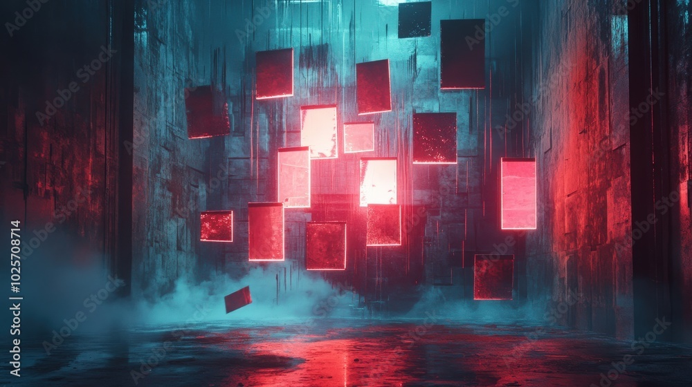 Fototapeta premium Glowing fragments of memories suspended in mid-air, where an artist reconstructs them into abstract pieces that blur the line between past and present