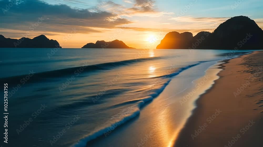 Golden Sunset Over Serene Beach with Gentle Waves. Golden Sunset Over Serene Beach with Gentle Waves.