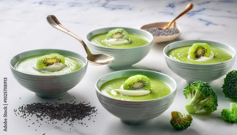 Bowls of green soup topped with kiwi slices, chia seeds, and yogurt Bowls of green soup topped with kiwi slices, chia seeds, and yogurt