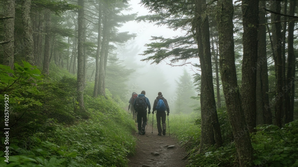 Obraz premium Three hikers walk through a foggy forest on a hiking trail.