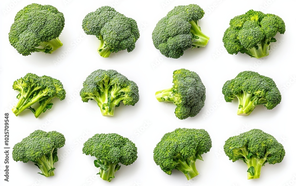 A high-resolution image of fresh, vibrant green broccoli florets isolated on a pure white background. A high-resolution image of fresh, vibrant green broccoli florets isolated on a pure white background.