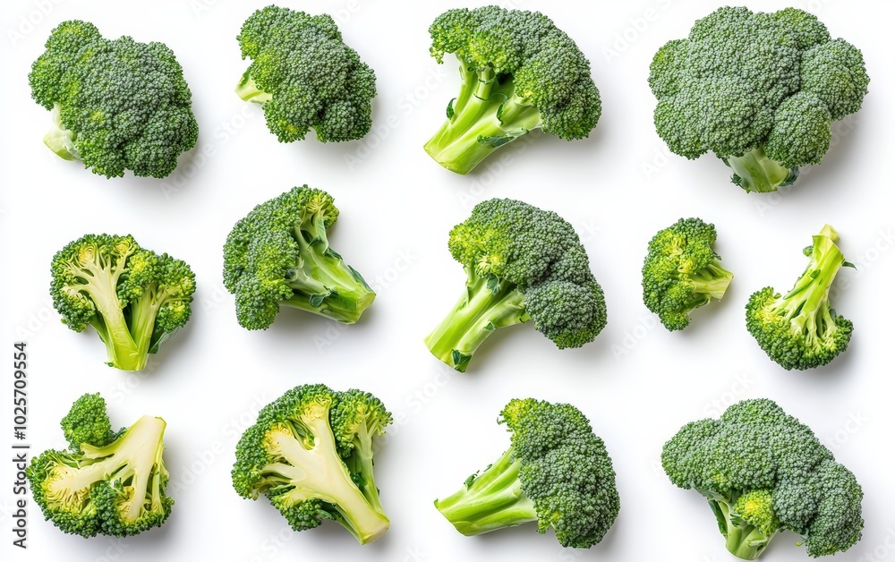 A high-resolution image of fresh, vibrant green broccoli florets isolated on a pure white background. A high-resolution image of fresh, vibrant green broccoli florets isolated on a pure white background.